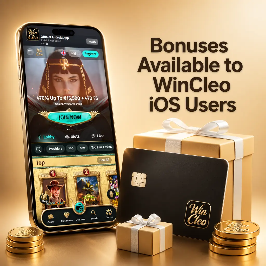 WinCleo iOS welcome package 470% up to EUR 15,500 plus 470 free spins shown in the mobile Promotions section.