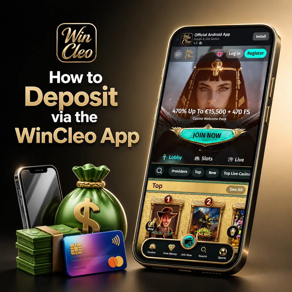 Step-by-step guide showing how to deposit funds using the WinCleo mobile app cashier section.