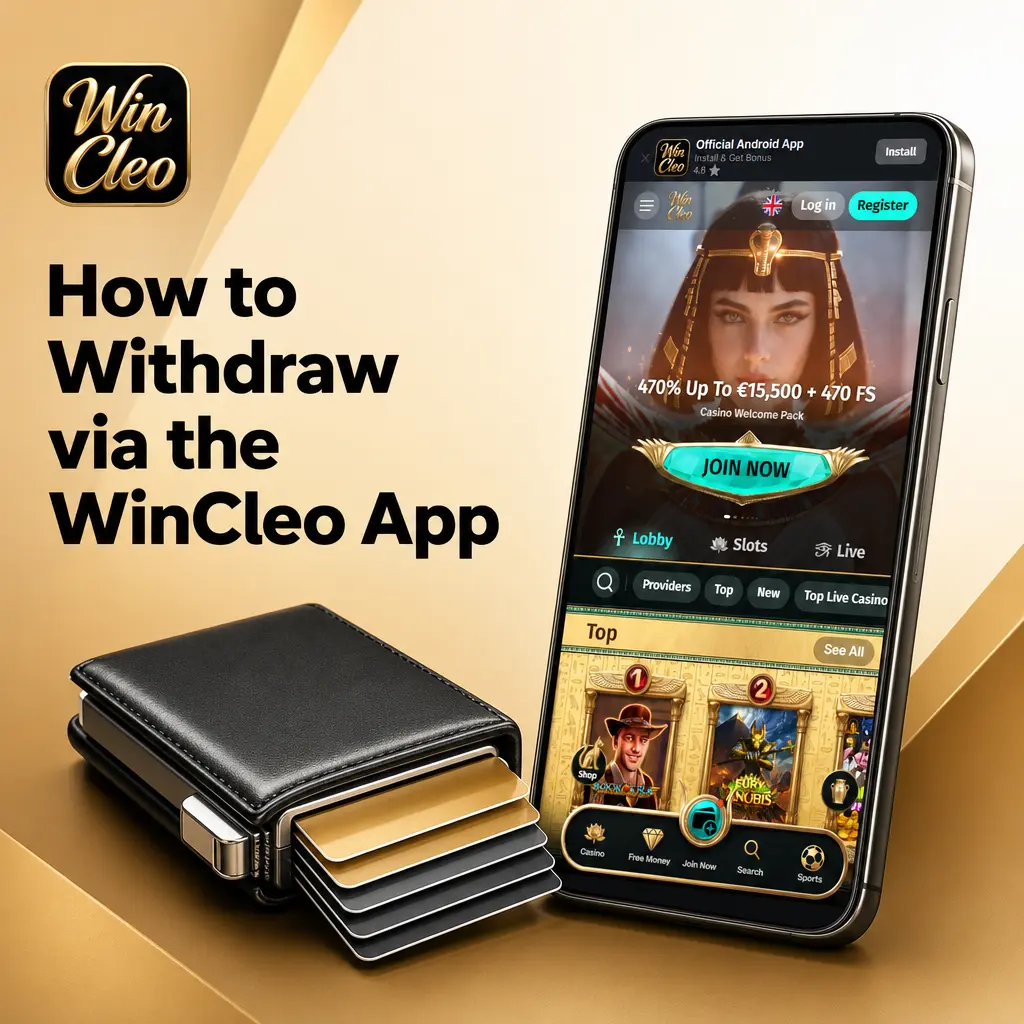 Step-by-step guide showing how to withdraw funds using the WinCleo app, including cashier menu and payment method selection.
