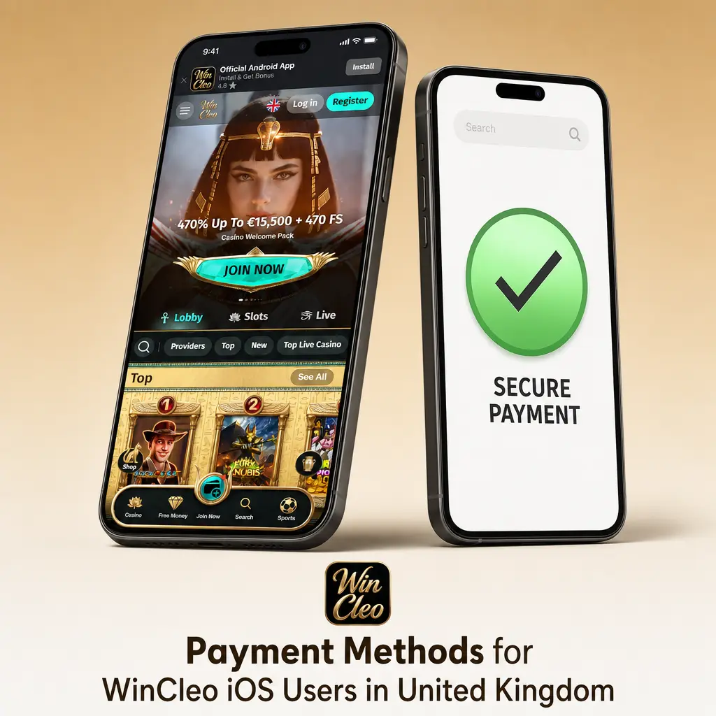 WinCleo iOS payment methods table showing deposit and withdrawal options for UK players including cards, banks, and crypto