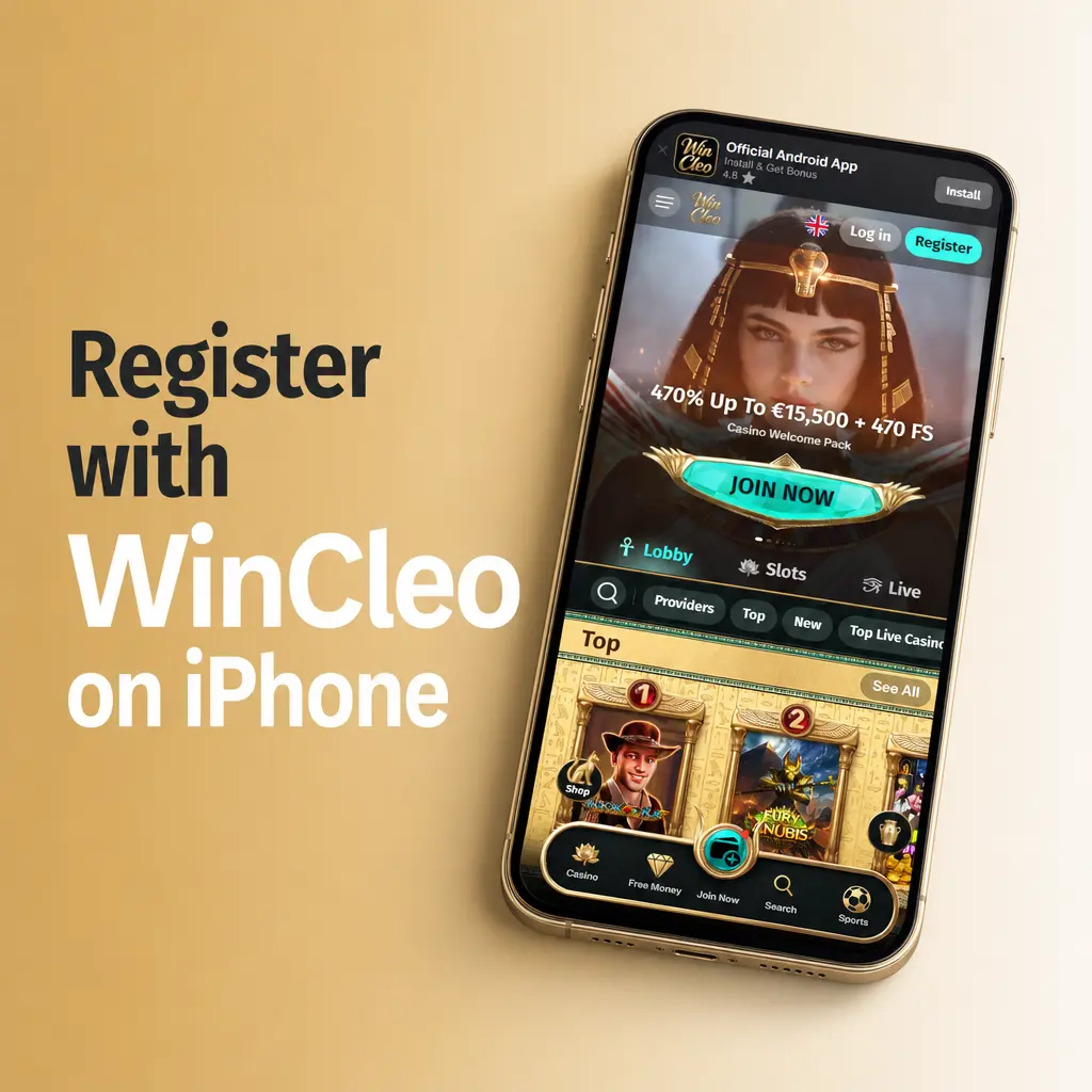 WinCleo registration screen on iPhone showing sign-up options and account creation form