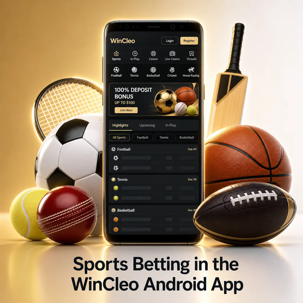 WinCleo Android app sportsbook showing pre-match and live betting markets for football, tennis, basketball, racing, cricket and more