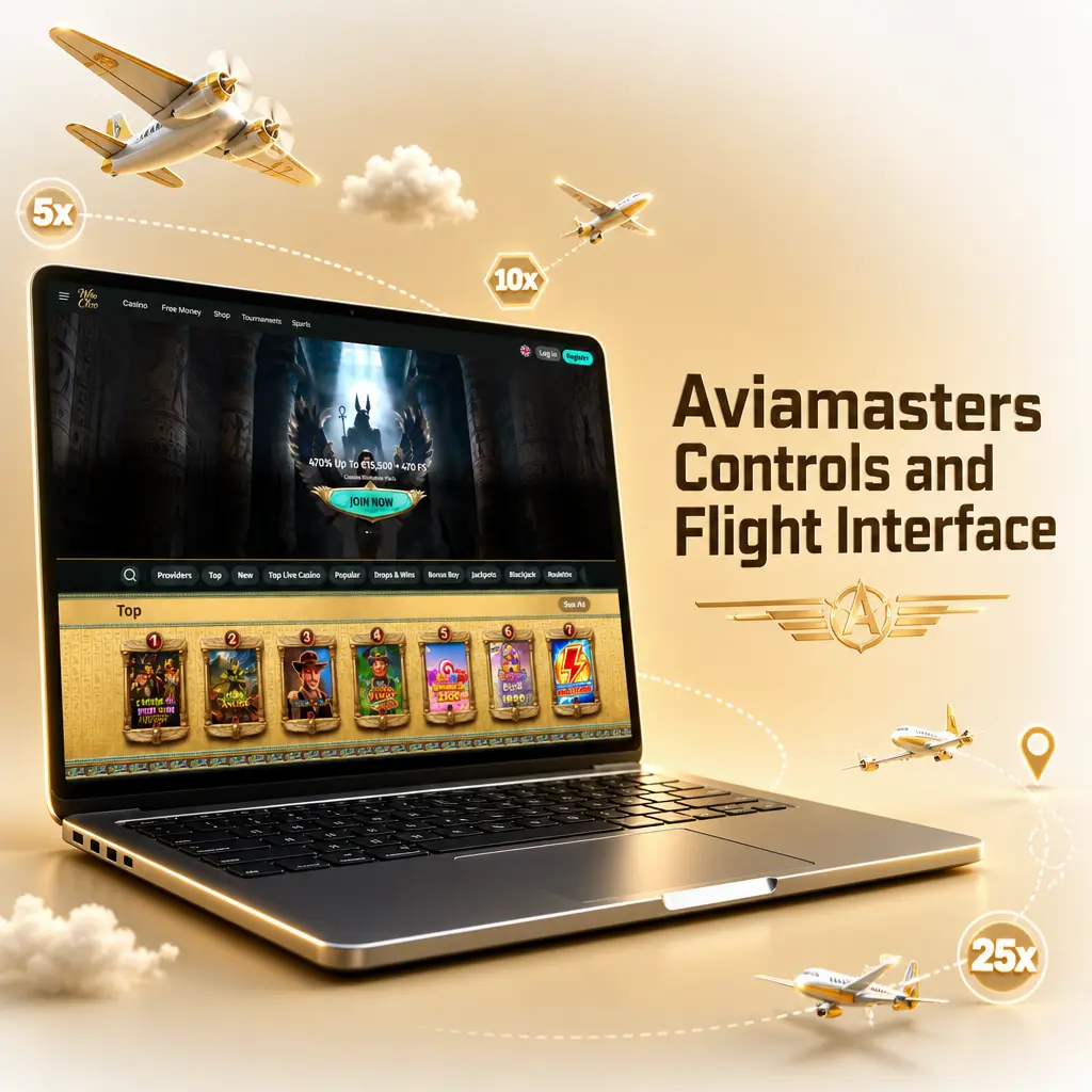 Aviamasters game interface showing bet amount field, risk selector, flight area, multiplier, and balance display