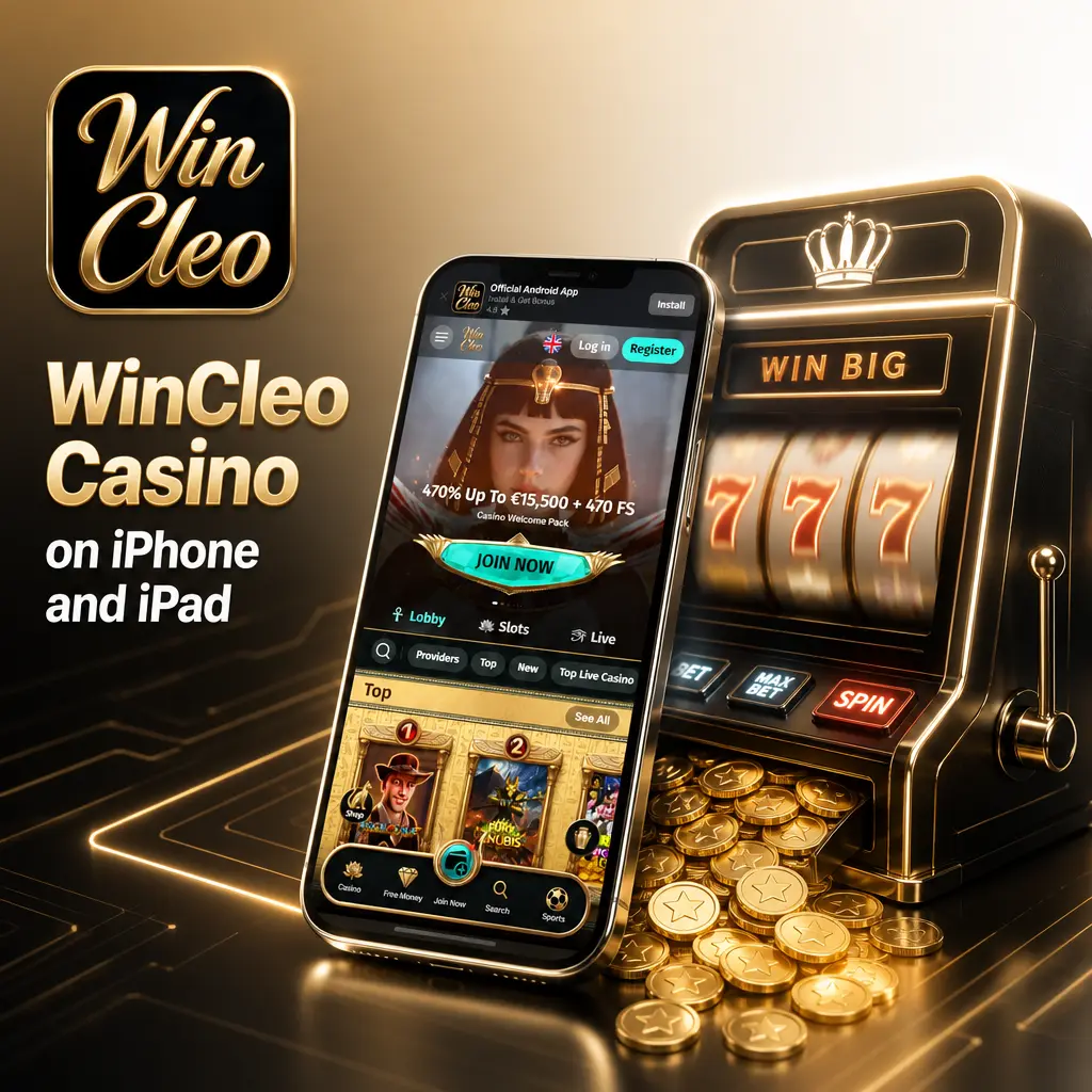 WinCleo Casino running on iPhone and iPad showing slots, live casino, table games and jackpot categories