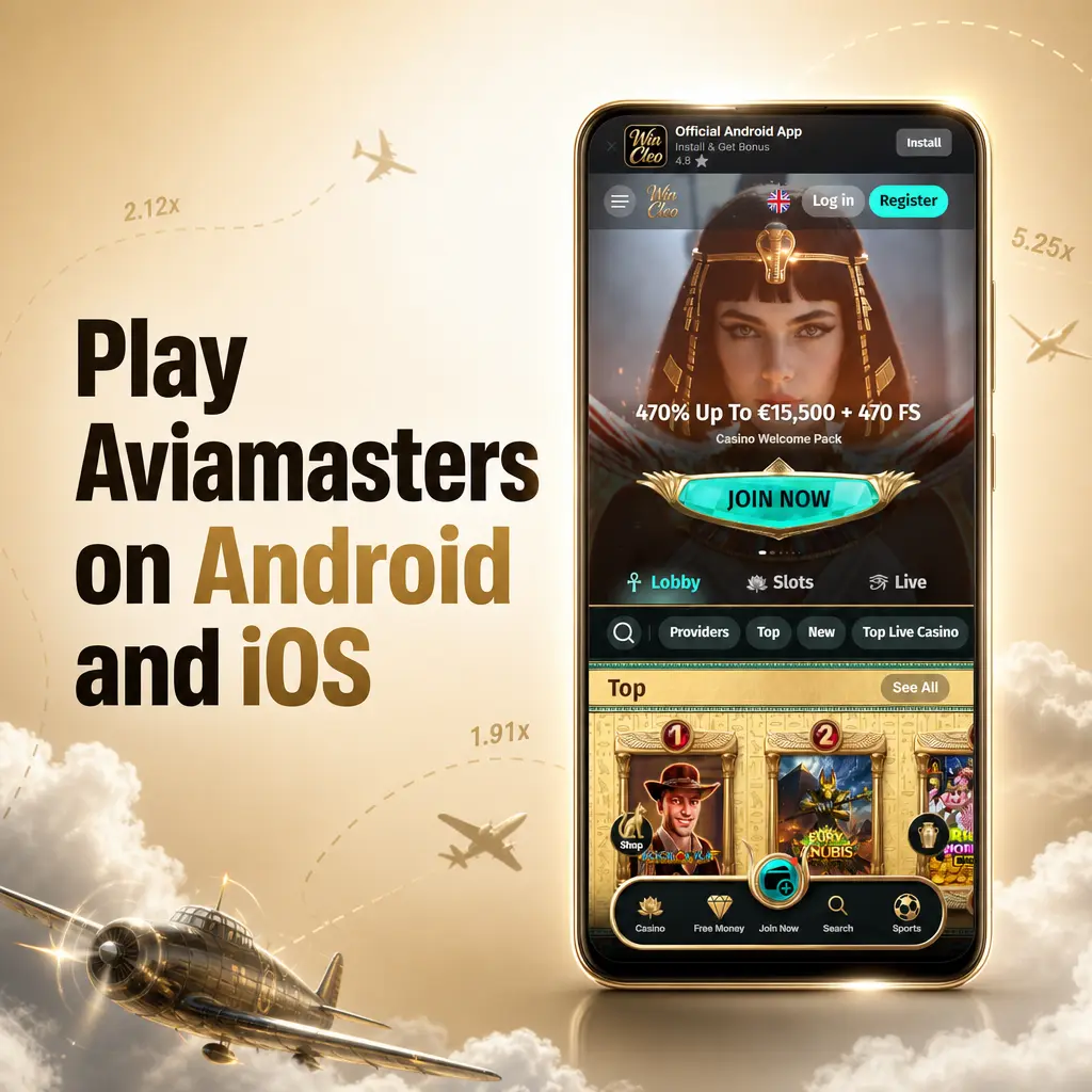 Play Aviamasters on Android and iOS via WinCleo's mobile browser or installable PWA with synced balance and full game access.
